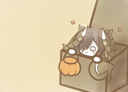  :3 august_von_parseval_(azur_lane) azur_lane black_hair box bucket chibi curled_horns female hair_over_one_eye halloween_bucket hat holding holding_bucket holding_clothes holding_hat horns in_box in_container koti long_hair mechanical_horns simple_background solo witch_hat yellow_background 