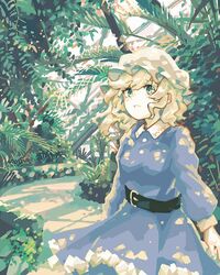  belt black_belt blonde_hair collared_dress commentary dress female forest frilled_dress frills green_eyes hat highres long_sleeves maribel_hearn medium_hair mob_cap nature open_mouth puffy_long_sleeves puffy_sleeves purple_dress scenery solo touhou tree wasabisuke wavy_hair white_hat 