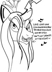  80s_themed arthropod changeling crown english_text equid equine eyelashes fangs female feral friendship_is_magic hair hasbro headgear long_hair looking_at_viewer lyrics mammal mane monochrome music my_little_pony open_mouth quadruped queen_chrysalis_(mlp) reddragonkan singing solo teeth text traditional_media_(artwork) villains 