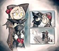  1boy black_coat bloodborne coat female flower gloves hat head_on_head height_difference hug hunter_(bloodborne) looking_at_another mask plain_doll rose setz shawl stairs white_hair yellow_eyes 