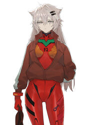  animal_ears arknights bodysuit commentary cosplay cowboy_shot evangelion:_3.0_you_can_(not)_redo female grey_eyes hair_between_eyes hair_ornament hairclip highres jacket koio lappland_(arknights) long_hair long_sleeves looking_at_viewer neon_genesis_evangelion pilot_suit plugsuit rebuild_of_evangelion red_bodysuit scar scar_across_eye scar_on_face science_fiction simple_background solo souryuu_asuka_langley souryuu_asuka_langley_(cosplay) white_background white_hair wolf_ears 