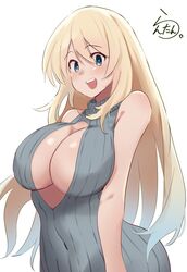  alternate_costume artist_logo artist_name atago_(kancolle) blonde_hair blue_eyes breasts cleavage cleavage_cutout clothing_cutout dress female grey_dress highres kantai_collection lanthan large_breasts long_hair looking_at_viewer one-hour_drawing_challenge open_mouth ribbed_dress ribbed_sweater simple_background smile solo sweater sweater_dress teeth upper_teeth_only white_background 