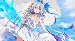  bare_shoulders blue_eyes blue_oath braid breasts choker cloud collarbone cowboy_shot day dress elbow_gloves female gloves grey_hair hair_ribbon highres holding jervis_(blue_oath) long_dress long_hair looking_at_viewer outdoors petals pixiv_jimukyoku ribbon sky sleeveless sleeveless_dress small_breasts smile solo spaghetti_strap standing twin_braids umbrella very_long_hair white_choker white_dress white_gloves 