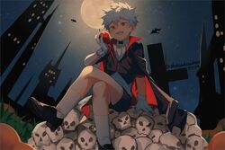  1boy apple bare_legs bat_(animal) eating food fruit gloves ikutsuki lolicon male_focus night night_sky original outdoors sitting skull_and_crossbones sky solo star_(sky) starry_sky teeth vampire white_legwear 