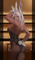  animal_ears arm_up ass back bar_(place) bare_shoulders boku_no_hero_academia breasts dark-skinned_female dark_skin female gloves hand_on_own_hip highleg highleg_leotard highres large_breasts leotard long_eyelashes long_hair looking_at_viewer looking_back median_furrow mirko muscular muscular_female pantyhose parted_bangs playboy_bunny rabbit_ears rabbit_girl rabbit_pose rabbit_tail red_eyes sideboob smile solo soolee040995 strapless strapless_leotard tail tail_through_clothes thighs torn_clothes torn_pantyhose white_gloves white_hair wrist_cuffs 