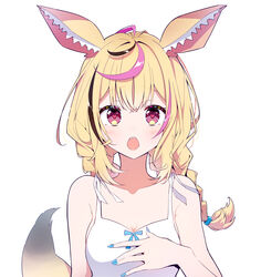  absurdres ahoge alternate_costume alternate_hairstyle animal_ears bare_shoulders black_hair blonde_hair blue_nails braid breasts cleavage collarbone dress epilogue_in_the_attic_(hololive) facial_mark female fox_ears fox_girl fox_tail hand_on_own_chest hand_up heart heart-shaped_pupils highres hololive ichijo_rei light_blush looking_at_viewer medium_breasts medium_hair multicolored_hair nail_polish official_art omaru_polka open_mouth pink_eyes pink_hair sidelocks simple_background sleeveless sleeveless_dress solo spaghetti_strap streaked_hair sundress symbol-shaped_pupils tail teeth twin_braids twintails upper_body upper_teeth_only virtual_youtuber white_background white_dress 