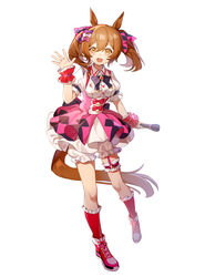  animal_ears bloomers bow bowtie bridal_garter brown_hair center_frills dress female frills full_body hairbow high_tops highres holding holding_microphone horse_ears horse_girl horse_tail kneehighs medium_hair microphone open_mouth puffy_short_sleeves puffy_sleeves shoes short_sleeves simple_background skirt smart_falcon_(umamusume) smile sneakers socks solo suspender_skirt suspenders tail twintails umamusume underwear waving white_background white_dress wrist_cuffs wufaxianshi_cnd yellow_eyes 