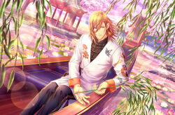  1boy animal_print black_pants blue_eyes blurry branch butterfly_print cherry_blossoms chinese_clothes depth_of_field dragon_print dutch_angle earrings embroidery feet_out_of_frame floral_print flower game_cg gazebo hair_between_eyes highres holding holding_branch holding_water jacket jewelry jinguuji_ren lens_flare leopard_print light_particles lily_pad looking_down looking_to_the_side male_focus medium_hair official_art orange_hair pants parted_lips peony_print pond rowboat single_earring sitting smile solo tangzhuang tassel tassel_earrings third-party_source tree uta_no_prince-sama uta_no_prince-sama:_shining_live water_lily_flower white_jacket willow 