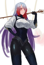  absurdres asmodeus_(megido72) black_gloves black_legwear breasts commentary_request corset cowboy_shot elbow_gloves female gloves hair_over_one_eye hand_on_own_hip highres holding holding_weapon large_breasts long_hair looking_at_viewer megido72 multicolored_hair nicporim over_shoulder parted_lips purple_gloves red_eyes red_hair shirt solo weapon weapon_over_shoulder white_background white_shirt 