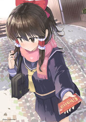  alternate_costume averting_eyes bag black_eyes black_hair bow commentary_request day facing_viewer female frilled_hair_tubes frills gift hair_tubes hairbow hakurei_reimu happy_valentine highres holding impossible_spell_card incoming_gift long_hair long_sleeves midriff miniskirt neckerchief outdoors pink_scarf ponytail puuakachan red_bow ruffling_hair scarf school_uniform serafuku sidelocks skirt solo standing touhou turtle valentine yellow_neckerchief 