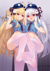  &gt;_&lt; 2girls :3 :d :q absurdres ahoge armband ass_visible_through_thighs black_bow black_ribbon blonde_hair blue_headwear blue_shirt blush blush_stickers bow breast_pocket cameltoe closed_mouth collared_shirt crop_top cuffs embarrassed feet foot_out_of_frame from_below full-face_blush hair_between_eyes hair_ornament hair_ribbon hairbow handcuffs hat heart heart_ahoge highres holding long_hair looking_at_viewer midriff multiple_girls navel necktie niliu_chahui no_shoes nose_blush one_side_up open_mouth original panties pantyhose pantyshot pocket police police_hat red_eyes ribbon see-through shackles shirt short_necktie short_sleeves siblings sisters smile soles standing standing_on_one_leg stomach sweatdrop thighhighs tokisaki_asaba_(niliu_chahui) tokisaki_mio_(niliu_chahui) tongue tongue_out tsubasa_tsubasa_(style) underwear very_long_hair white_hair white_panties white_pantyhose white_thighhighs 