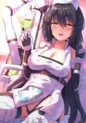  black_gloves black_hair breasts dandelion_(girls&#039;_frontline) elbow_gloves female girls&#039;_frontline gloves hat highres holding holding_syringe intravenous_drip iv_stand large_breasts long_hair multicolored_clothes multicolored_gloves nurse nurse_cap sitting solo syringe thighhighs very_long_hair white_gloves xlscaler yellow_eyes 