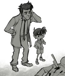  3boys blood bow bowtie closed_eyes collared_shirt columbo corpse crossover edogawa_conan english_commentary greyscale jacket kitchen_knife lieutenant_columbo male_focus meitantei_conan monochrome multiple_boys necktie pants psuede shirt shoes short_hair shorts smile stab thinking trait_connection white_background 