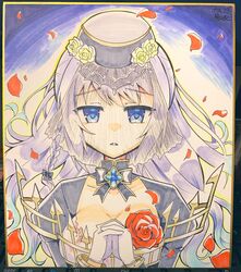  artist_name blue_eyes blue_gemstone bow bowtie braid breasts cleavage collar commentary_request detached_collar dot_nose falling_petals female flower gem gloves grey_bow grey_bowtie grey_collar grey_hair grey_hat hair_down hat hat_flower headwear_request highres long_hair looking_at_viewer magia_record:_mahou_shoujo_madoka_magica_gaiden magical_girl mahou_shoujo_madoka_magica momo_tomato own_hands_together parted_lips petals photo_(medium) portrait red_flower red_rose rose rose_petals shikishi shrug_(clothing) side_braid sidelocks signature single_braid solo straight-on traditional_media veil white_gloves yakumo_mitama yakumo_mitama_(tokoyami_ver.) yellow_flower yellow_rose 