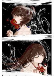  2girls akagi_(kancolle) black_background border brown_eyes brown_hair character_request closed_mouth fingernails flower hand_up holding holding_flower kaga_(kancolle) kantai_collection long_hair multiple_girls neko_(ganecooo) pink_nails red_flower white_border 