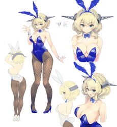  absurdres animal_ears ass black_pantyhose blonde_hair blue_bow blue_bowtie blue_eyes blue_leotard bow bowtie breasts cleavage colorado_(kancolle) commentary_request commission cowboy_shot detached_collar female fishnet_pantyhose fishnets headgear highres kantai_collection kiyama_satoshi large_breasts leotard looking_at_viewer multiple_views pantyhose playboy_bunny rabbit_ears rabbit_tail short_hair side-tie_leotard simple_background skeb_commission smile standing strapless strapless_leotard tail upper_body white_background white_footwear white_leotard wrist_cuffs 