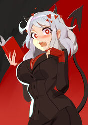  black_horns black_suit black_tail blush book breasts demon_girl demon_horns demon_tail female formal heart heart-shaped_pupils helltaker highres holding holding_book horns large_breasts looking_at_viewer medium_hair modeus_(helltaker) ocarino open_mouth red_sweater ribbed_sweater simple_background skirt skirt_suit sleeves_past_wrists solo suit sweater symbol-shaped_pupils tail tail_raised 