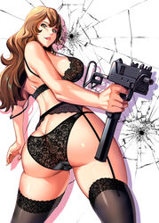  absurdres ass black_bra black_garter_belt black_panties black_thighhighs bra breasts brown_eyes brown_hair bullet_hole cameltoe female finger_on_trigger garter_belt gun highres itachou lace lace_bra lace_garter_belt lace_panties large_breasts lipstick long_hair looking_at_viewer looking_back looking_down lupin_iii mac-10/11 makeup mine_fujiko panties parted_lips sideboob solo strap_slip submachine_gun thighhighs underwear underwear_only weapon 