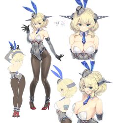  absurdres animal_ears ass black_pantyhose blonde_hair blue_eyes blue_necktie bow breasts cleavage colorado_(kancolle) commentary_request commission cowboy_shot detached_collar female headgear highres kantai_collection kiyama_satoshi large_breasts leotard looking_at_viewer multiple_views necktie pantyhose playboy_bunny rabbit_ears rabbit_tail short_hair side-tie_leotard simple_background skeb_commission smile standing strapless strapless_leotard tail upper_body white_background white_footwear white_leotard wrist_cuffs 