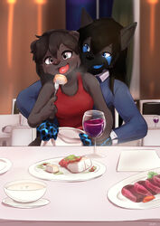  alcohol anthro beverage black_hair black_nose blue_clothing blue_eyes blue_markings blue_shirt blue_tongue blue_topwear blush bodily_fluids breasts brown_body brown_eyes brown_fur brown_hair canid canine canis ceylon_(stitchy626) clothing collared_shirt container cup cute_fangs cutlery dress drinking_glass duo eating eating_food eyebrow_through_hair eyebrows female food fork fur furniture glass glass_container glass_cup grey_body grey_fur hair hi_res inside kitchen_utensils kowareta_ookami male male/female mammal markings meat mustelid napkin on_lap open_mouth otter plate plates_(disambiguation) red_clothing red_dress restaurant saliva shirt soup sukiya table tablecloth tongue tools topwear translucent translucent_hair wine wine_glass wolf 