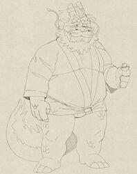  2022 absurd_res anthro asian_clothing asian_mythology belly blush clothing delivery_bear_service dragon east_asian_clothing east_asian_mythology eastern_dragon fundoshi hi_res humanoid_hands japanese_clothing kamui_shirow kemono male mature_male moobs mythology one_eye_closed overweight overweight_male rayu_(kamui_shirow) simple_background solo underwear 