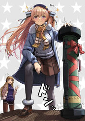  2girls alternate_costume black_pantyhose black_shorts blonde_hair blue_coat blue_sweater bolt_(hardware) breasts brown_eyes brown_footwear brown_skirt coat commentary_request fgm-148_javelin fletcher_(kancolle) flying_sweatdrops fur-trimmed_coat fur-trimmed_footwear fur_trim gift gift_wrapping hairband highres jacket johnston_(kancolle) kantai_collection large_breasts leaning_forward light_brown_hair long_hair multiple_girls nervous_sweating official_alternate_costume oversized_object pantyhose pink_jacket purple_eyes purple_sweater ribbed_sweater scarf short_shorts shorts skirt smile smug sparkle starry_background sweat sweater tantaka two_side_up white_sweater winter_clothes winter_coat yellow_scarf 