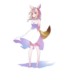  absurdres alternate_costume alternate_hairstyle animal_ear_fluff animal_ears arms_behind_back bare_shoulders barefoot black_hair blonde_hair blue_nails blush braid breasts cleavage closed_mouth dress epilogue_in_the_attic_(hololive) female floating_hair fox_ears fox_girl fox_tail full_body heart heart-shaped_pupils highres hololive ichijo_rei looking_to_the_side medium_breasts medium_hair multicolored_hair nail_polish official_art omaru_polka pink_hair purple_eyes shadow sidelocks simple_background sleeveless sleeveless_dress smile solo spaghetti_strap standing streaked_hair sundress symbol-shaped_pupils tachi-e tail toenail_polish toenails twin_braids twintails virtual_youtuber white_background white_dress wind 