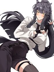  absurdres animal_ears asymmetrical_clothes black_gloves black_hair black_necktie black_pants black_thighhighs blush breasts closed_mouth female fingerless_gloves garter_straps glove_pull gloves highres horse_ears horse_girl horse_tail large_breasts long_hair long_sleeves looking_at_viewer narita_brian_(umamusume) necktie pants ponytail shirt simple_background single_pantsleg single_thighhigh solo tail thighhighs umamusume unneul white_background white_shirt yellow_eyes 