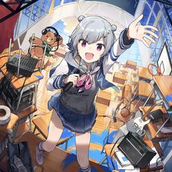  amplifier arm_up bag basket basketball_hoop blue_skirt bottle broom cable cevio chair chalkboard collared_shirt double_bun female foot_out_of_frame grey_hair grey_hoodie guitar hair_bun hair_ornament hairclip headphones highres hitogome holding holding_microphone hood hoodie instrument jacket kneehighs koharu_rikka long_sleeves looking_at_viewer microphone notebook open_clothes open_jacket open_mouth paint_splatter pleated_skirt purple_eyes school_bag school_chair second-party_source shirt shoes short_hair skirt smile sneakers socks solo soundboard standing stuffed_animal stuffed_toy synthesizer_v table tape teddy_bear water_bottle white_shirt 