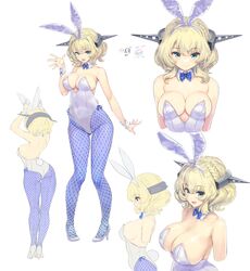  absurdres animal_ears ass blonde_hair blue_bow blue_bowtie blue_eyes bow bowtie breasts cleavage colorado_(kancolle) commentary_request commission cowboy_shot detached_collar female headgear highres kantai_collection kiyama_satoshi large_breasts leotard looking_at_viewer multiple_views playboy_bunny rabbit_ears rabbit_tail short_hair side-tie_leotard simple_background skeb_commission smile standing strapless strapless_leotard tail upper_body white_background white_footwear white_leotard wrist_cuffs 