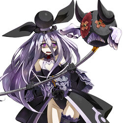  bare_shoulders black_gloves black_hat black_leotard bridal_garter cleavage_cutout clothing_cutout collarbone commentary elbow_gloves female gloves grey_hair hair_between_eyes hat heart holding holding_staff horns leotard long_hair open_mouth original painttool_sai_(medium) purple_eyes ramuya_(lamb) shaded_face sharp_teeth simple_background solo staff stitches sweat teeth white_background wings 