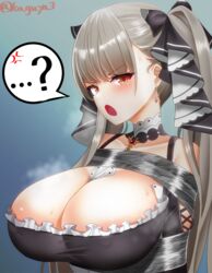  ...? ? anger_vein areola_slip azur_lane bare_shoulders between_breasts blush bondage bondage bondage bound breasts cleavage clothing_cutout detached_collar eyebrows_hidden_by_hair female formidable_(azur_lane) grey_hair huge_breasts kaguya-san_(nantyu-erosada) long_hair looking_at_viewer necktie necktie_between_breasts open_mouth red_eyes shoulder_cutout signature solo spoken_anger_vein spoken_question_mark steaming_body sweat tape tape_bondage twintails two-tone_dress very_long_hair 