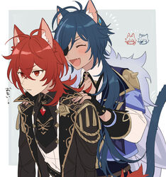  2boys animal_ear_fluff animal_ears antenna_hair bad_id bad_twitter_id black_gloves black_neckwear blue_hair blush cat_ears cat_tail closed_eyes dark-skinned_male dark_skin diluc_(genshin_impact) earrings eyepatch fingerless_gloves genshin_impact gloves hair_between_eyes hand_on_another&#039;s_shoulder highres jacket jewelry kaeya_(genshin_impact) long_hair male_focus miz_(mi) multicolored_hair multiple_boys oerba_yun_fang open_mouth ponytail red_eyes red_hair simple_background single_earring streaked_hair tail two-tone_background upper_body 