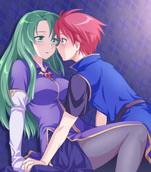  1boy :d black_legwear blue_eyes blue_shirt breasts cecilia_(fire_emblem) commentary_request dress elbow_gloves female fire_emblem fire_emblem:_the_binding_blade gloves green_eyes green_hair ham_pon highres large_breasts long_hair looking_at_another purple_dress red_hair roy_(fire_emblem) shirt smile straight white_gloves 