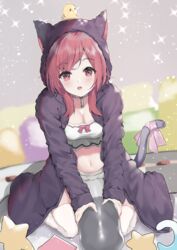  :o animal_ears animal_hood animal_on_head azur_lane bird black_hoodie blurry blurry_background blush breasts cat_ears cat_tail chick choker cleavage commentary crescent crop_top crop_top_overhang fake_animal_ears female full_body grey_choker grey_shorts groin highres hood hood_up hoodie i-19_(azur_lane) i-19_(pillowy_paradise)_(azur_lane) large_breasts long_hair long_sleeves looking_at_viewer loungewear lux_(dera_ix) manjuu_(azur_lane) midriff navel official_alternate_costume on_head open_mouth pillow red_eyes red_hair ribbon seiza shirt short_shorts shorts sidelocks sitting sleeves_past_wrists solo sparkle star_(symbol) tail tail_ornament tail_ribbon thighhighs torpedo white_shirt white_thighhighs 