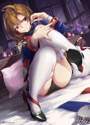  black_dress black_footwear black_panties blue_jacket brown_hair dress female high_heels highres indoors jacket lolipantherwww lyon_(warship_girls_r) military_jacket on_bed panties photoshop_(medium) pillow red_eyes short_dress short_hair sitting solo underwear warship_girls_r window 