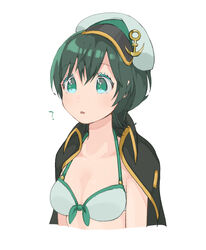  :&lt; ? alternate_costume anchor_hat_ornament aqua_eyes arms_at_sides bikini bikini_under_clothes black_coat black_hair breasts citrus_(place) cleavage coat coat_on_shoulders collarbone colored_eyelashes dot_nose eyelashes female from_side front-tie_bikini_top front-tie_top hair_between_eyes halterneck hat hat_ornament looking_ahead medium_breasts murasa_minamitsu parted_lips sailor sailor_hat short_hair simple_background solo swimsuit torso touhou upper_body white_background white_bikini white_hat 