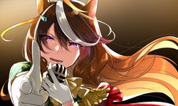  animal_ears brown_hair commentary_request earrings epaulettes female finger_gun floating_hair gloves highres holding holding_microphone horse_ears horse_girl jewelry long_hair looking_at_viewer microphone multicolored_hair open_mouth pointing pointing_at_viewer purple_eyes single_earring single_epaulette solo sweat symboli_rudolf_(umamusume) teeth umamusume upper_body white_gloves yuama_(drop) 