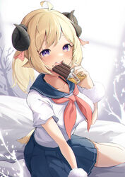  absurdres ahoge alternate_hairstyle animal_ears blonde_hair blue_sailor_collar breasts candy chocolate chocolate_bar chocolate_on_face commentary eat_some_cookie eating female flower food food_on_face hair_flower hair_ornament highres hololive horns indoors looking_at_viewer medium_breasts medium_hair mixed-language_commentary neckerchief on_bed ponytail purple_eyes red_neckerchief sailor_collar school_uniform serafuku sheep_ears sheep_girl sheep_horns sheep_tail sitting solo tail tsunomaki_watame virtual_youtuber wariza wrist_cuffs 