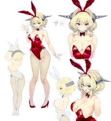  absurdres animal_ears ass blonde_hair blue_eyes bow bowtie breasts cleavage colorado_(kancolle) commentary_request commission cowboy_shot detached_collar female headgear highres kantai_collection kiyama_satoshi large_breasts leotard looking_at_viewer multiple_views playboy_bunny rabbit_ears rabbit_tail red_bow red_bowtie red_leotard short_hair side-tie_leotard simple_background skeb_commission smile standing strapless strapless_leotard tail upper_body white_background white_footwear white_leotard wrist_cuffs 