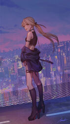  ahoge arm_strap artoria_pendragon_(fate) bad_id bad_pixiv_id bare_shoulders belt black_choker black_footwear black_jacket black_ribbon black_socks chains choker cityscape clothes_around_waist commentary earrings email2140 english_commentary fate/grand_order fate_(series) female full_body hair_ribbon harness high_heels highres jacket jacket_around_waist jewelry kneehighs long_hair looking_at_viewer looking_to_the_side low_ponytail official_alternate_costume photoshop_(medium) ponytail ribbon rooftop saber_alter saber_alter_(ver._shinjuku_1999)_(fate) shorts signature socks solo sports_bra sunset thigh_strap yellow_eyes 