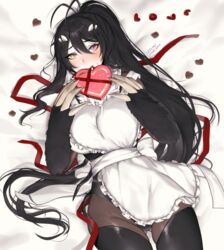  apron arthropod_girl arthropod_limbs back_bow bed_sheet black_hair blush bow box breasts brown_pantyhose candy chocolate claws commentary embarrassed english_commentary extra_eyes female food gift green_eyes hair_between_eyes hair_spread_out heart heart-shaped_box heart-shaped_chocolate heterochromia highres holding holding_box large_breasts long_hair looking_at_viewer luca_(terupancake) lying monster_girl mouth_hold neck_fur on_back on_bed original pantyhose ponytail purple_eyes signature solo sweat terupancake twitter_username valentine very_long_hair white_apron white_bow 