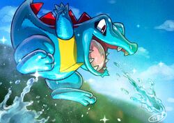  blurry cloud commentary day kaosu_(kaosu0905) no_humans open_mouth outdoors pokemon pokemon_(creature) red_eyes sharp_teeth sky solo sparkle teeth tongue totodile water water_drop 