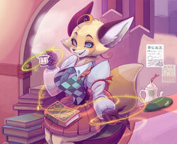  2018 4_fingers ahoge anthro beverage black_ears black_pawpads blue_eyes book bottomwear canid canine clothed clothing container countershade_face countershading cup detailed_background digital_media_(artwork) dipstick_tail female fingers fox fully_clothed fur hair hi_res holding_object inside inutsukihasukii kemono looking_at_viewer magic_user mammal markings multicolored_tail neck_tuft necktie pawpads portrait sitting skirt solo steam tail tail_markings tea teapot three-quarter_portrait tuft white_body white_countershading yellow_body yellow_fur 