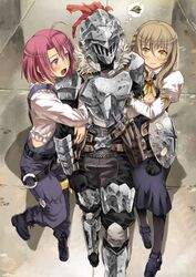  1boy 2girls absurdres ahoge arm_grab arm_hug armor armored_boots blonde_hair boots braid breastplate brown_hair buckler commentary_request cow_girl_(goblin_slayer!) full_armor garimpeiro gauntlets girl_sandwich gloves goblin goblin_slayer goblin_slayer! guild_girl_(goblin_slayer!) hair_over_shoulder helm helmet highres knight medium_hair multiple_girls overalls pink_eyes pink_hair sandwiched shield shoulder_armor single_braid thought_bubble visor_(armor) 