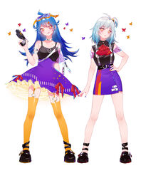  2girls :o absurdres ahoge armlet belt bili_girl_22 bili_girl_33 bilibili black_footwear blue_hair blue_nails bug butterfly choker feijidayazi goggles goggles_on_head gun hand_on_own_hip highres holding holding_gun holding_weapon long_hair medium_hair multiple_girls o-ring orange_nails orange_thighhighs pink_eyes purple_nails purple_skirt red_nails siblings simple_background sisters skirt smile standing suspenders thighhighs weapon white_background 