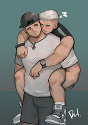  2boys absurdres arm_hair backwards_hat bara baseball_cap biceps black_hair black_shorts blush carrying couple cross-laced_slit facial_hair hat highres looking_at_another male_focus multiple_boys muscular muscular_male original pectorals peterhl piggyback shirt short_hair shorts sideburns signature simple_background sleeping sleeping_on_person stubble t-shirt thighs undercut watch white_hair wristwatch yaoi 