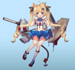  :d absurdres ahoge animal_ears arm_ribbon asymmetrical_legwear bare_arms bare_shoulders black_choker black_footwear blonde_hair blue_eyes blue_oath blue_skirt cat_ears cat_girl cat_tail choker crop_top drill_hair female full_body hair_ornament hair_ribbon hanato_(seonoaiko) hands_up highres kneehighs layered_skirt long_hair looking_at_viewer mary_janes midriff miniskirt navel neckerchief open_mouth original paw_pose petite photoshop_(medium) ribbon rigging sailor_collar school_uniform serafuku shirt shoes skirt sleeveless sleeveless_shirt smile socks solo stomach suspenders tail thighs torpedo torpedo_launcher turret twin_drills twintails uneven_legwear very_long_hair white_legwear white_shirt wrist_cuffs 