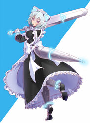  android animal_ears blue_hair commentary fake_animal_ears female gloves glowing hair_between_eyes holding holding_weapon light_blue_hair looking_back maid maid_headdress original over_shoulder painttool_sai_(medium) parted_lips purple_eyes ramuya_(lamb) short_hair solo sword sword_over_shoulder two-tone_background weapon weapon_over_shoulder white_gloves 