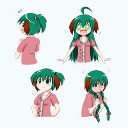  +++ +_+ :3 :d ahoge alternate_hair_length alternate_hairstyle animal_ears arms_up blue_background blush blush_stickers braid commentary_request eighth_note embarrassed female floral_print flying_sweatdrops from_behind full-face_blush furrowed_brow green_hair hair_between_eyes hair_bobbles hair_ornament hands_on_own_hips highres holding holding_own_hair kasodani_kyouko long_braid long_hair looking_back multiple_views musical_note open_mouth pink_shirt puff_of_air rakugaki-biyori shirt short_hair short_ponytail short_sleeves simple_background smile standing touhou twin_braids twintails upper_body very_long_hair wavy_mouth 